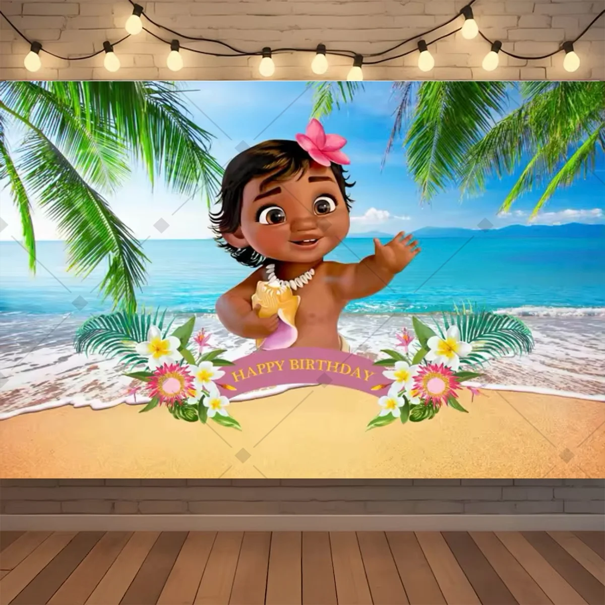 Cartoon-Moana-Geburtstagshintergrund, tropische Ozeaninsel, Palmenblume, Mädchen-Geburtstagsparty, Babyparty-Dekoration, Kinder-Fotohintergrund