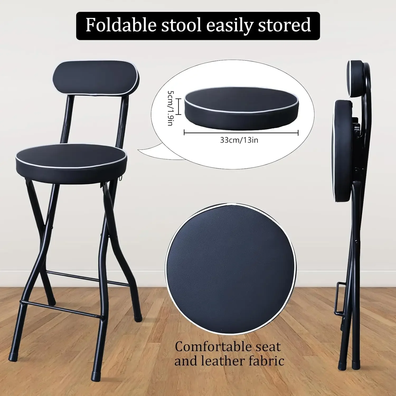 Foldable Bar Stool with Back, Tall Padded Seat, Portable Counter Height Stool for Kitchen Island - Black