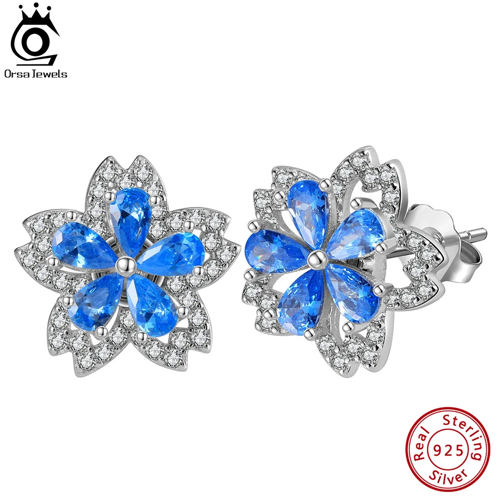 

ORSA JEWELS Real 925 Sterling Silver Snow Flower Zircon Shiny Stud Earrings Women Exquisite Rhodium Plated Ear Present OLME05