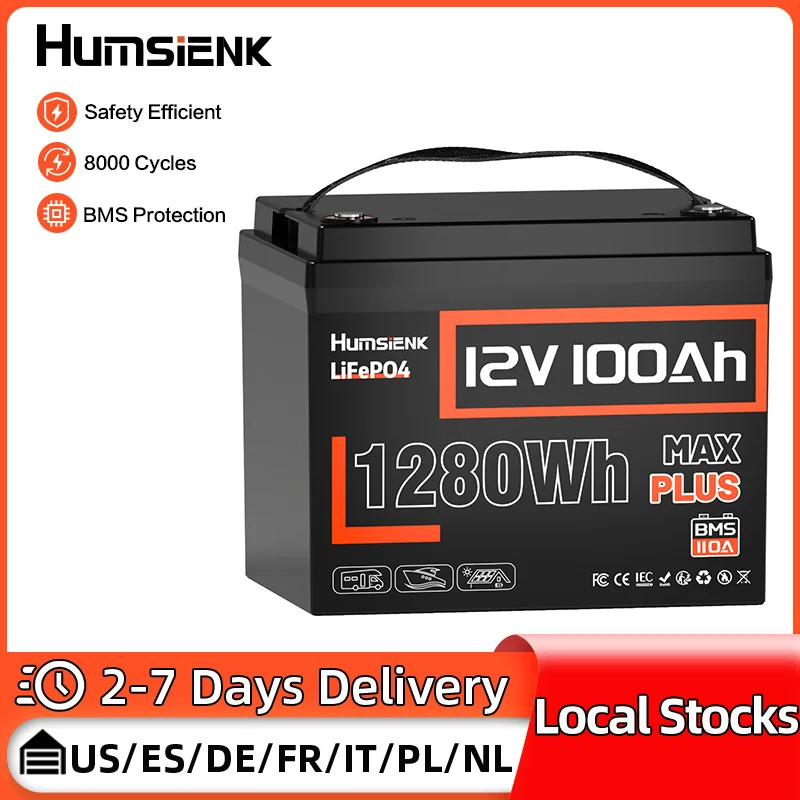

Humsienk 12V 100AH MAX LiFePO4 аккумуляторная батарея с 100A BMS 8000 циклов для кемпинга, автофургона, дома, лодки, солнечной системы