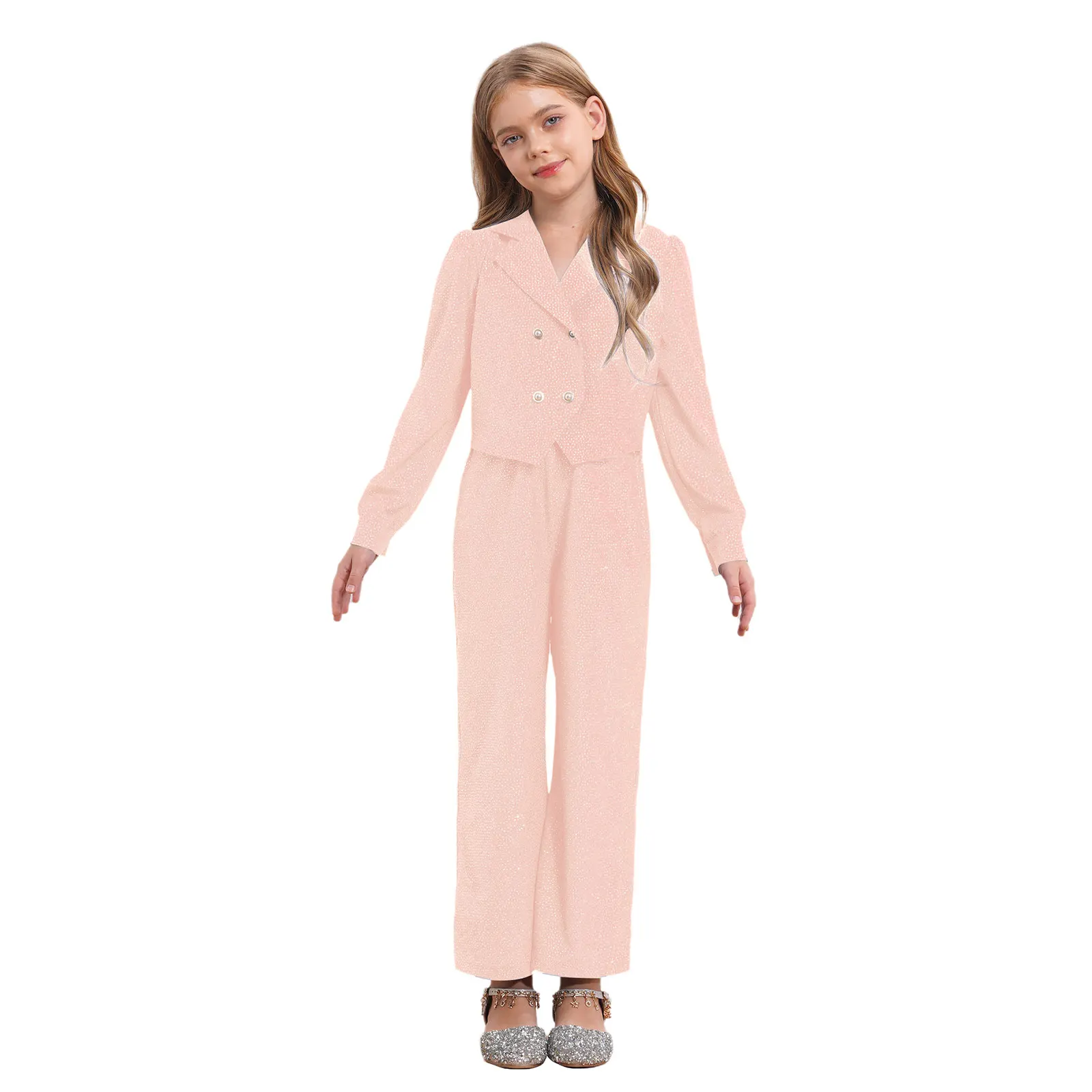 Children Girls Formal Trendy Shinny Long Sleeve Button-down Jumpsuit Outfit for Party Prom Formal Occasions Blazer Jumpsuits