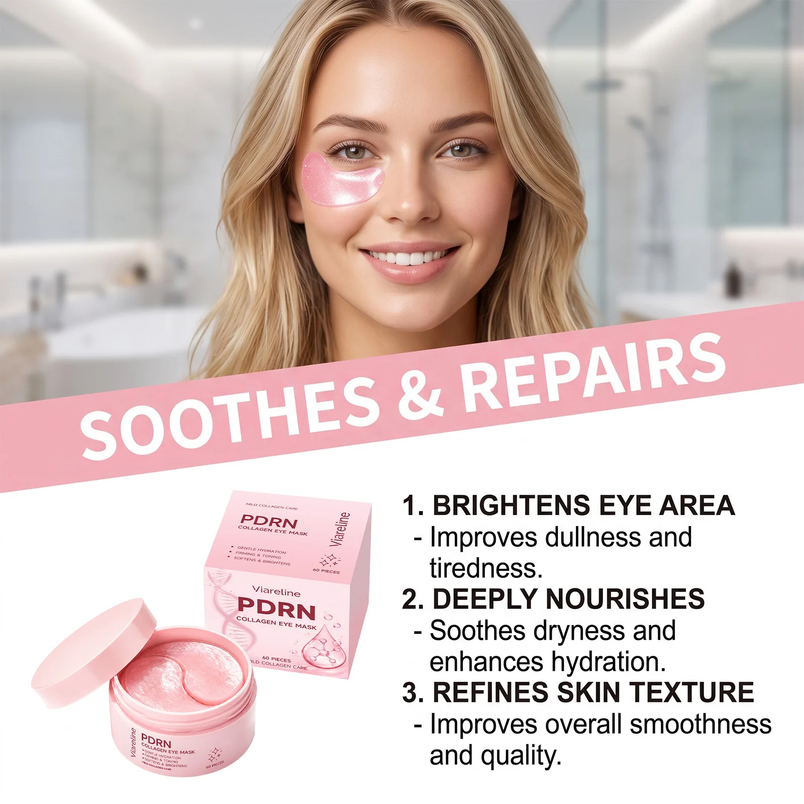 PDRN Pink Collagen Eye Patches for Dark Circles Puffiness Hydrating Firming Brightening Eye Patches Leave Skin Looking Youthful