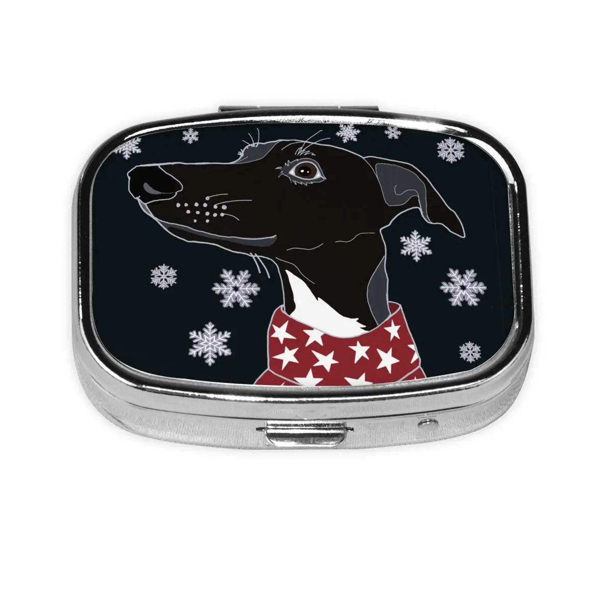 

Металлический милый зимний уиппет, дорожный квадратный органайзер для таблеток, Lurcher Greyhound, аптечка для собак, чехол для таблеток, разветвители, коробка для хранения