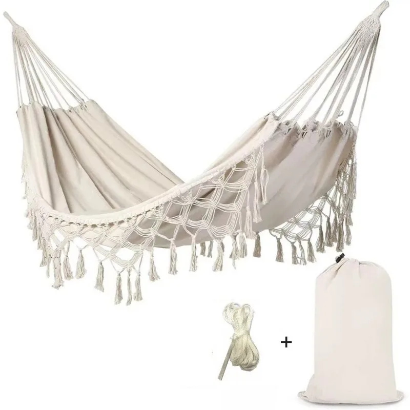 Double Hammock, Tassels and Fishtail Knitting with Mounting Straps for Outdoor Camping Patio Balcony, Outdoor Bohemian Hammocks