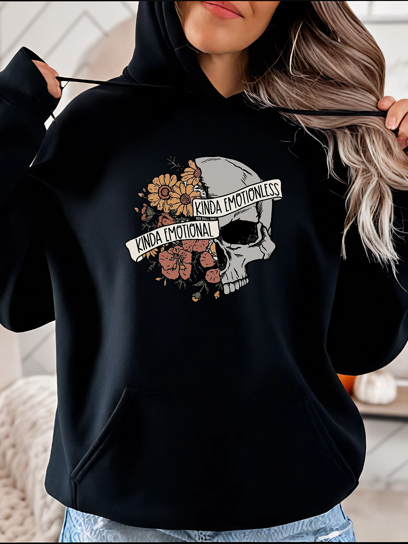 

Women's Black Hoodie Skull Flower Print Kinda Emotional Kinda Emotionless Graphic Sweatshirt Casual Streetwear Fashion for Women