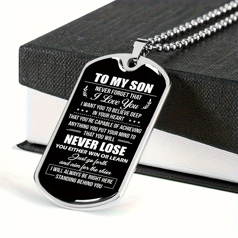 Text Print Dog Tag Enamel Stainless Steel Pendant Necklace, Anniversary, Graduation, Party, Birthday Gift To Son