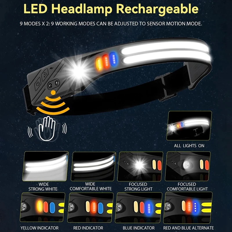 AB09-1200Mah Rechargeable Headlamp Flash Light, Led Sensor Headlamp Night Fishing Headlight For Outdoor Camping Running
