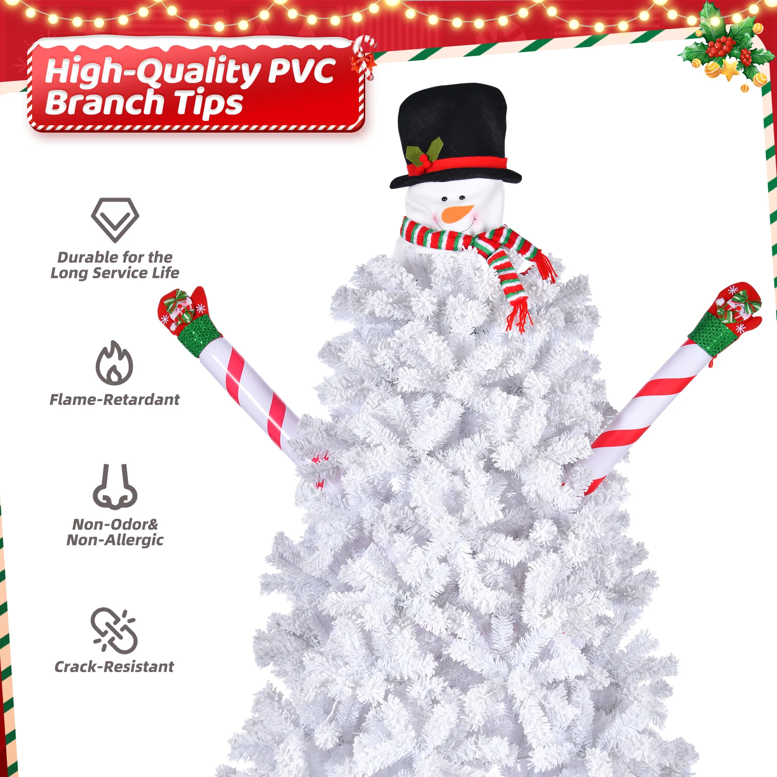 6.5ft Automatic Tree Structure Snowman Shape PVC Material 700 Branches White Flocking 140 Lights