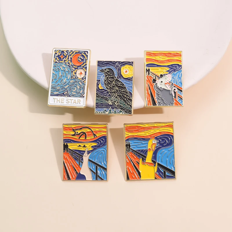 Kreative Ölgemälde Emaille Pins Cartoon Opossum Ente Gans Tier Broschen Kunst van Gogh Malerei Revers Kleidung Abzeichen für Geschenk