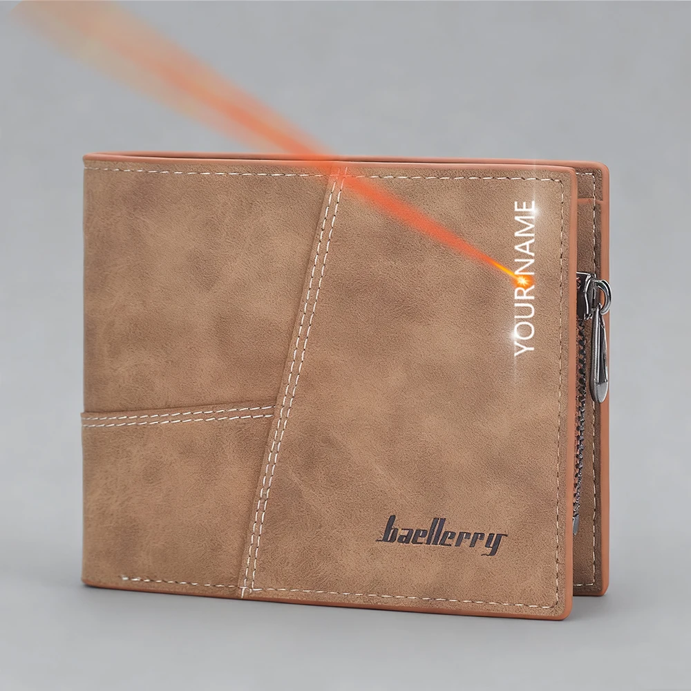 

Baellerry High-Quality Men's Short Wallet with Name Engraving Card Holder Small Coin Pocket Zipper Male Purse