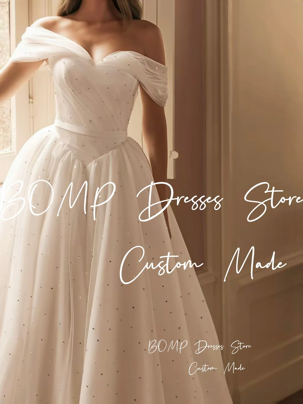 BOMP プリンセス スパンコール ウェディングドレス オフショルダー ドレープ スイープ トレイン Aライン アイボリー オーガンザ ブライダルガウン カスタマイズされたローブ・デ・マリエ