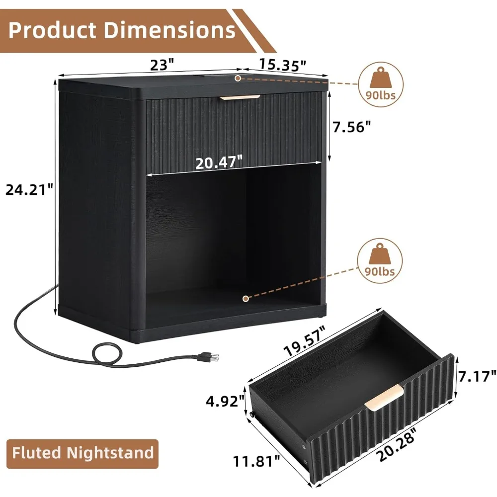 منضدة مزرعة مزدوجة مخددة مع محطة شحن، وطاولات نهاية ذات درج عريض 23 بوصة، وخزانة غرفة نوم سوداء ومجموعة سرير