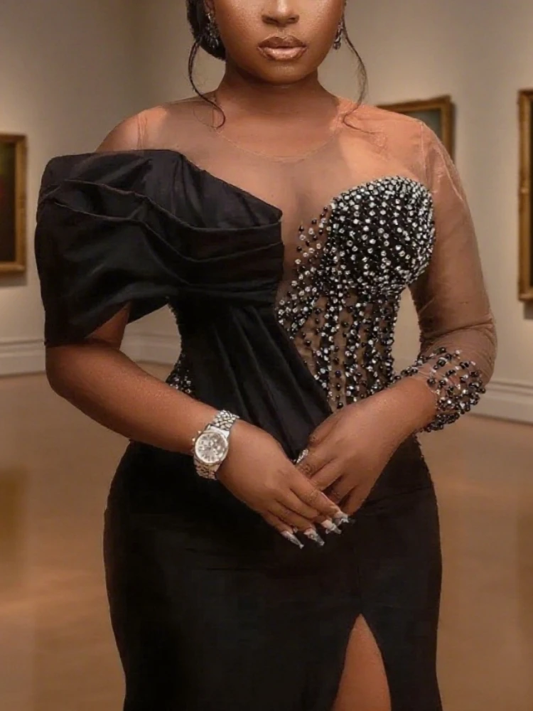 فساتين حفلة موسيقية سوداء للنساء السود الوهم حورية البحر فساتين السهرة الرسمية طويلة الأكمام مطرز أحجار الراين فستان حفلة عيد ميلاد