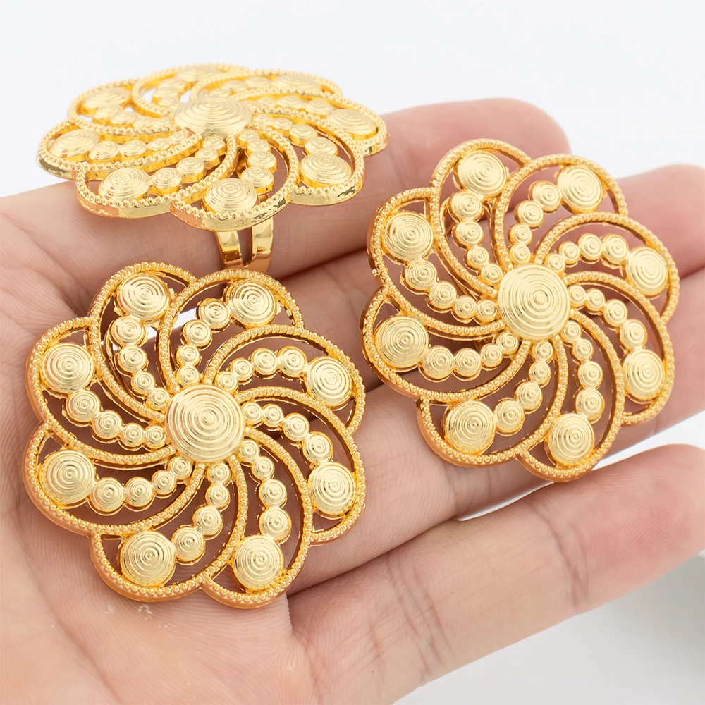 Dubai Flower Earrings & Adjustable Rings Jewelry Set