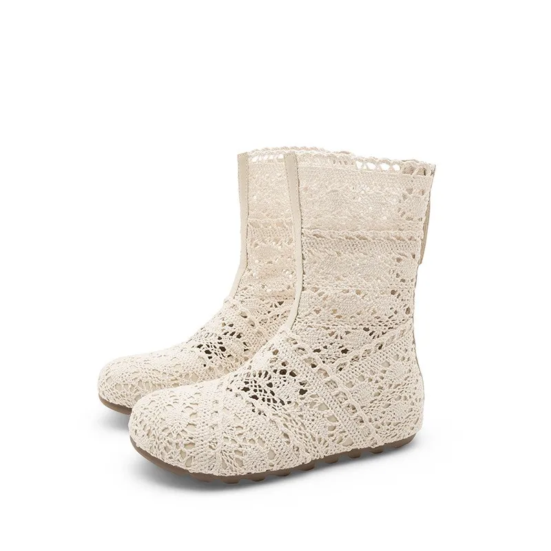 Summer vintage open-work lace breathable thin style bootie mitten-style women's short boots sandals 6cm height increase