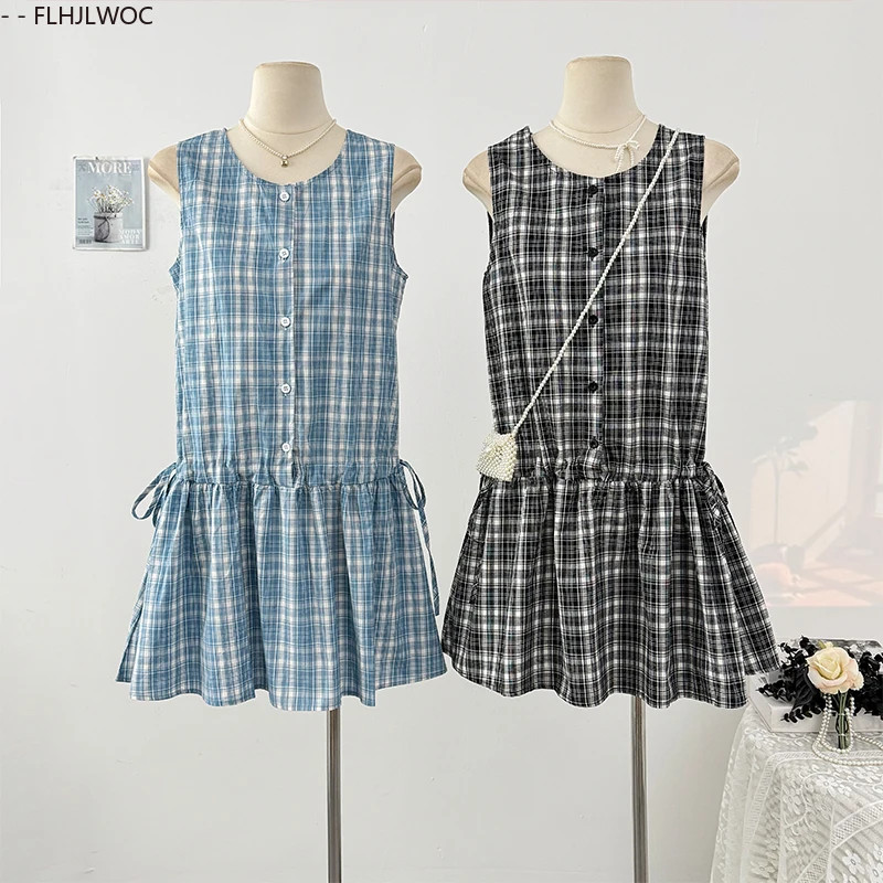 Shirring sem mangas peplum topos bonito doce japão meninas retro vintage babados camisas xadrez cintura fina chique y2k design blusas