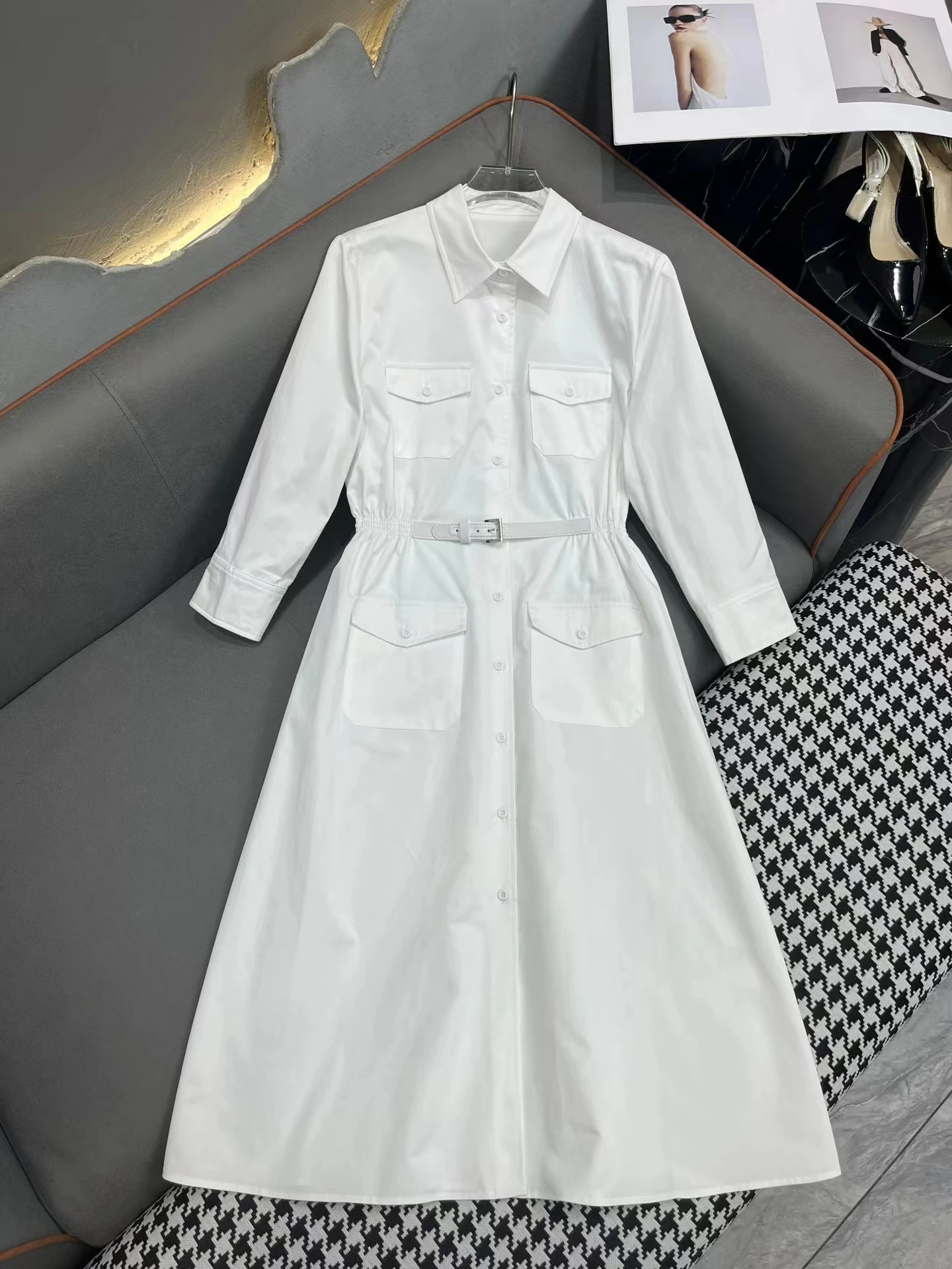 

24 morning autumn new shirt style lapel seven quarter sleeve dress with waistband buckle, black and white color