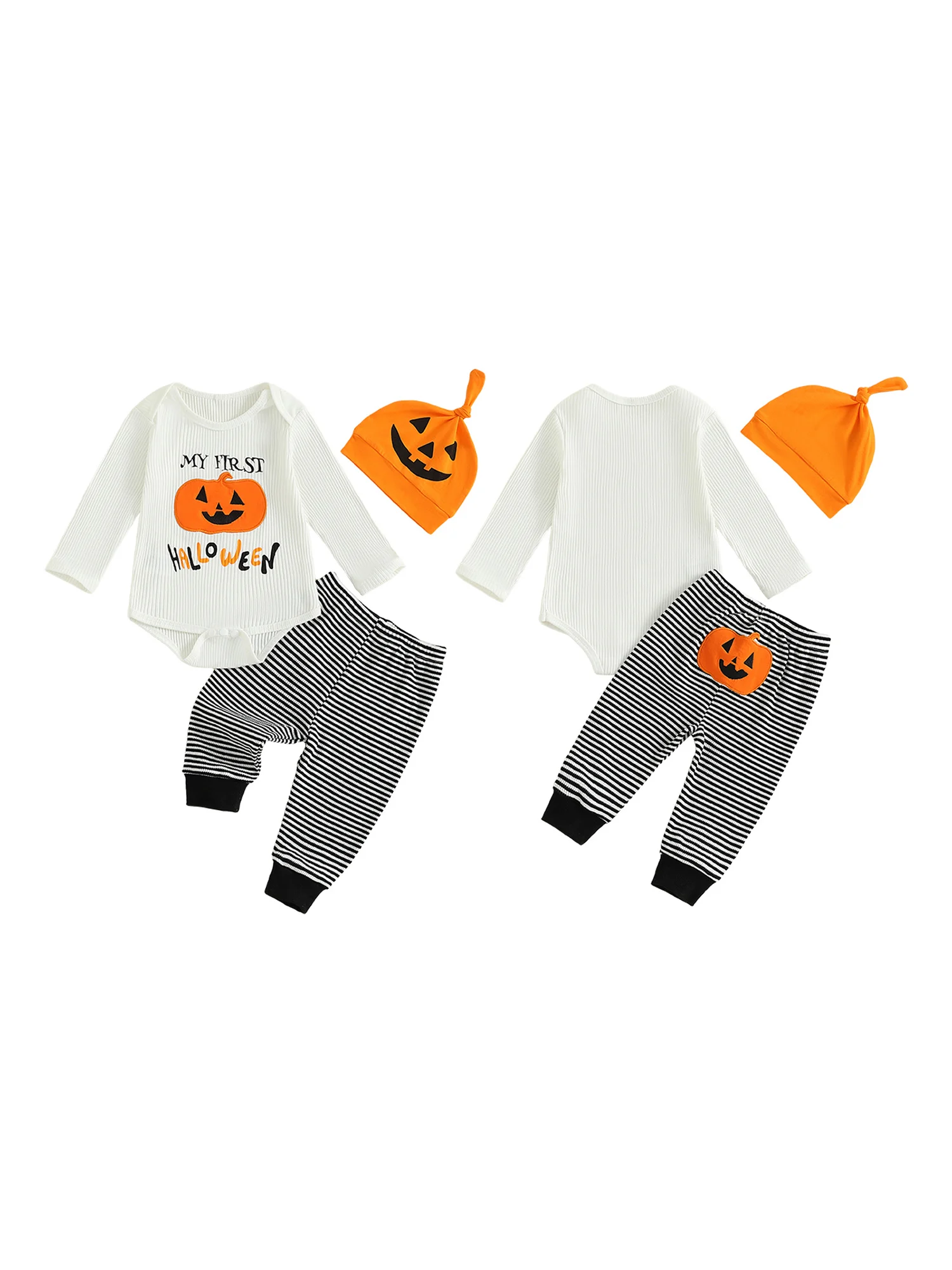 

Cute Halloween Costume Set with Ghost Applique Long Sleeve Bodysuit Striped Pants and Hat for Baby Boys and Girls 3Pcs Outfit