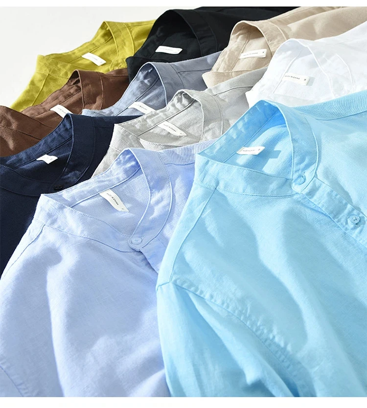 Solid Stand Collar Shirt Men Spring Summer Cotton Linen Shirt Man Japanese Style Daily Casual Long Sleeve Shirts Breathable Top