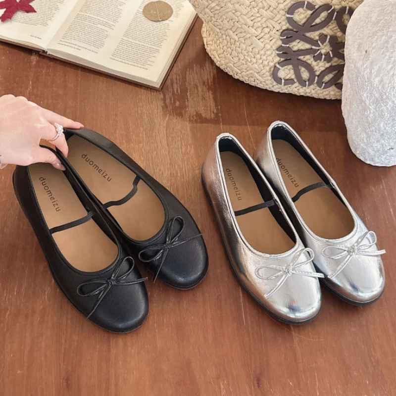

Женские балетки с бантом-бабочкой, весна 2026, повседневные, с круглым носком, из мягкой кожи, комфортные, для платьев