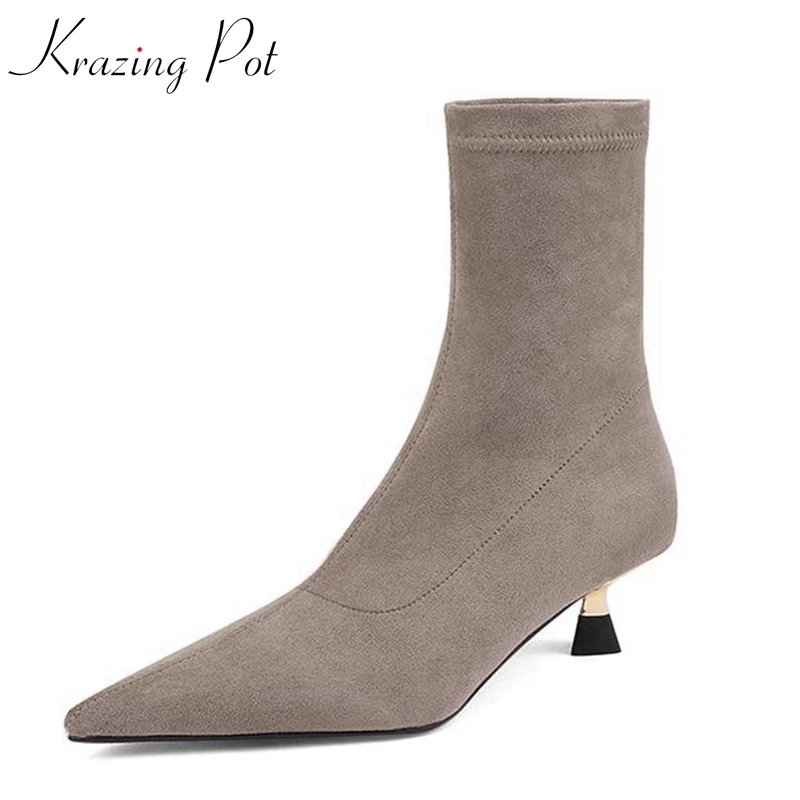 

Krazing Pot 2023 New Pointed Toe Med Heels Stretch Boots Stovepipe Large Size 42 Nightclub Sexy Classic Cozy Slip on Ankle Boots