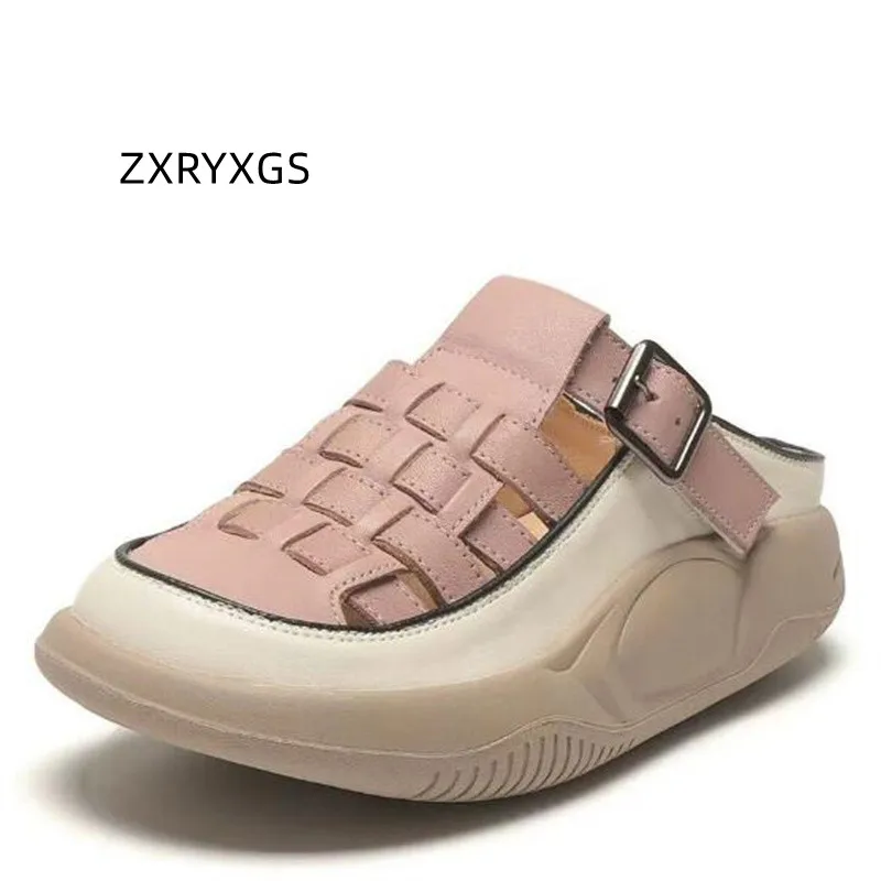 

ZXRYXGS 2024 New Summe Tide Weave Hollow Round Toe Superior Genuine Leather Slipper Outdoor Wear Shoes Woman Sandals Roman Shoes