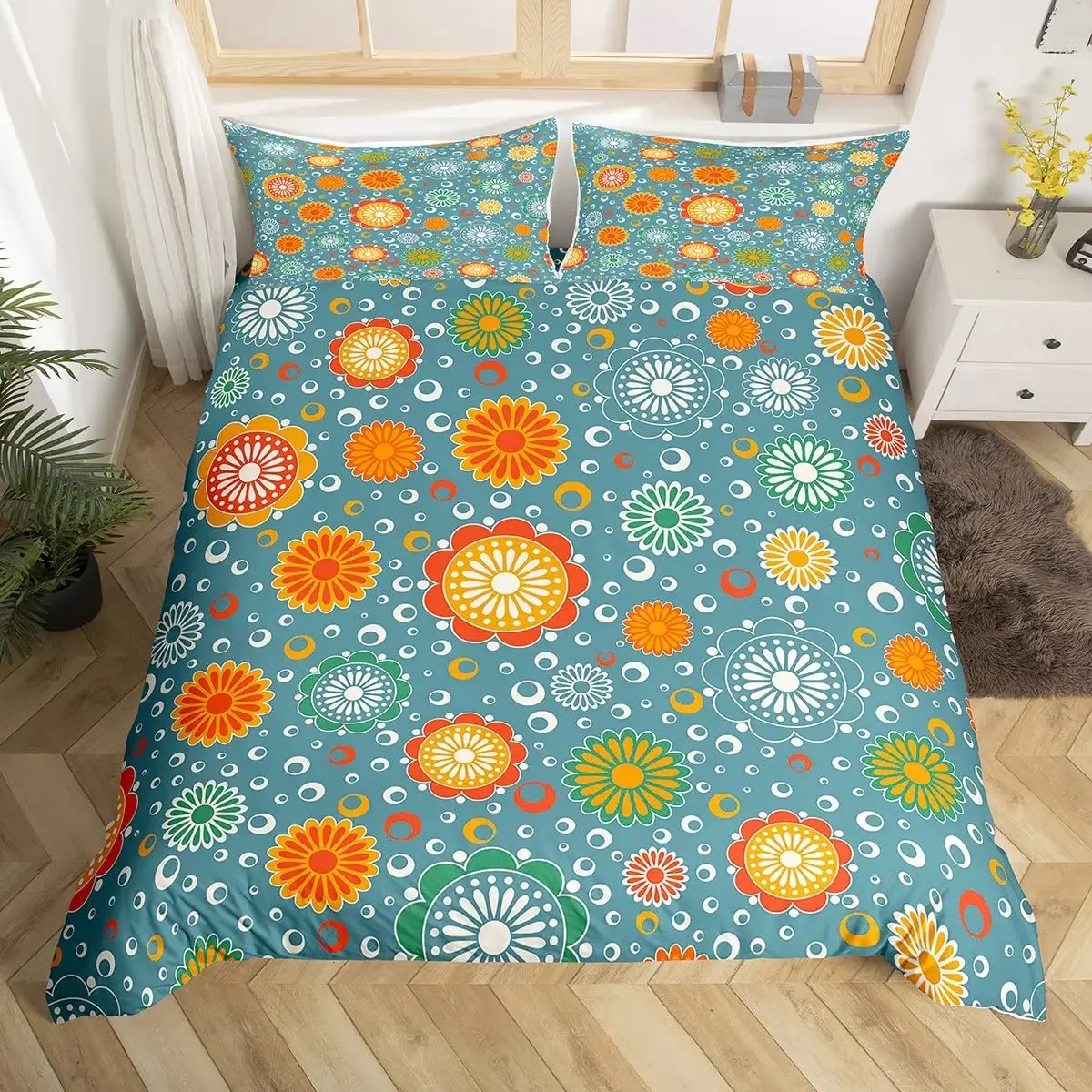 Hippie Flower Duvet Cover Set Boho Mandala Bedding Set Microfiber Groovy Flowers Comforter Cover King for Girls Women Room Decor