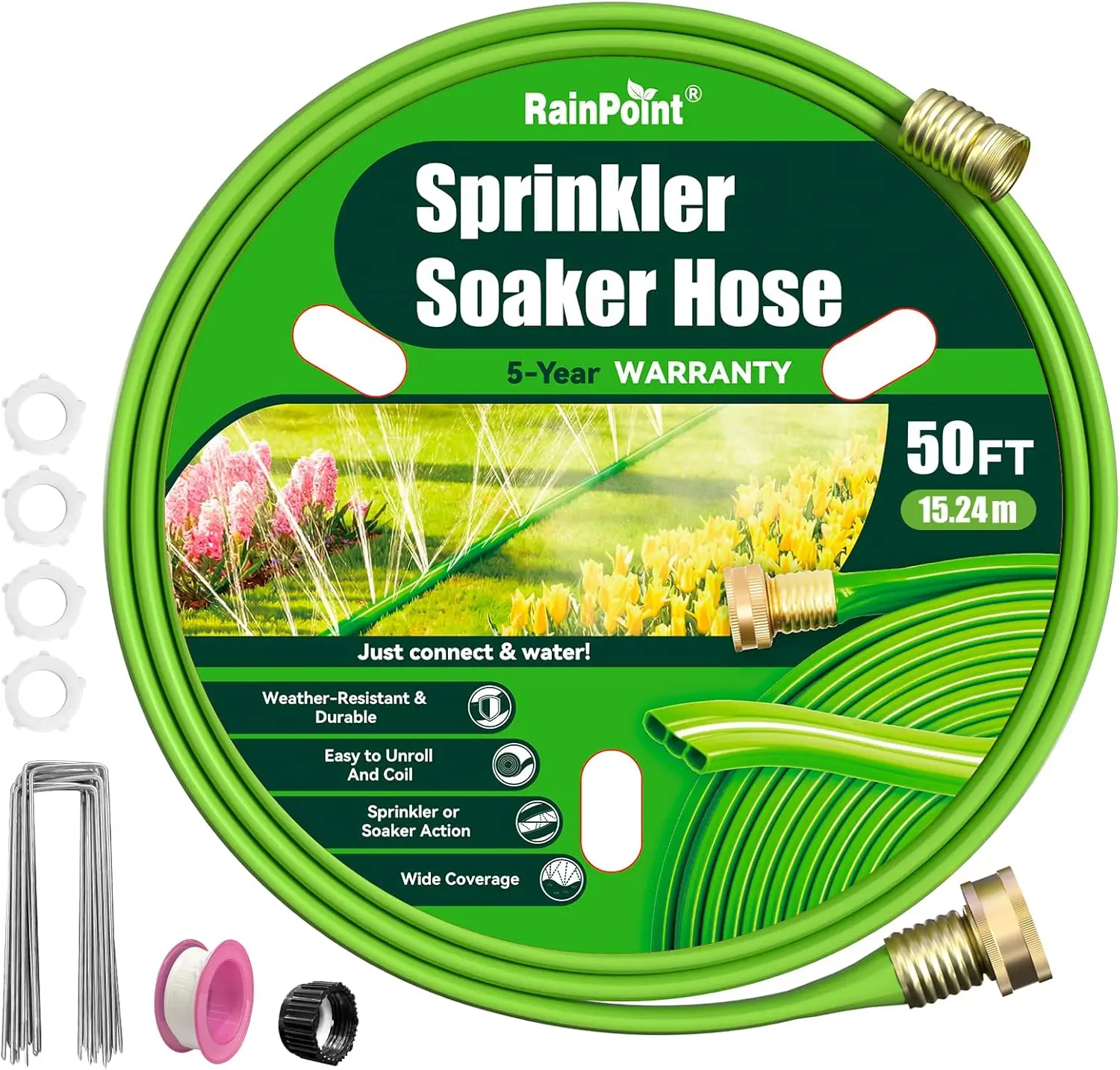 

50FT Flat Soaker Hose with Stakes, Lightweight Garden Irrigation System for Lawn & Yard
