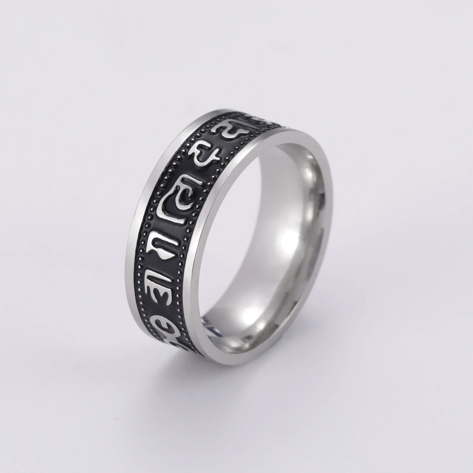 COOLTIME Tibetische Sprichwörterringe mit sechs Charakteren, Edelstahl, Om Mani Padme, Hum-Ringe für Männer und Frauen, buddhistischer Amulett-Schmuck – Detail 5
