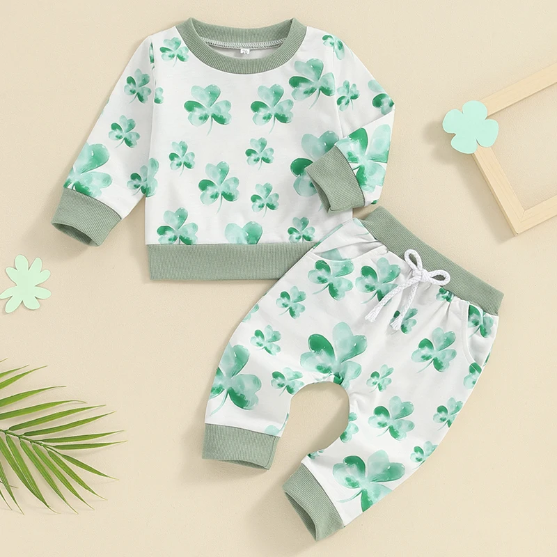 

2023-12-11 Lioraitiin 0-3Y Toddler Baby Irish Day Pants Sets Long Sleeve Clover Print Sweatshirt Tops Drawstring Pants Sets