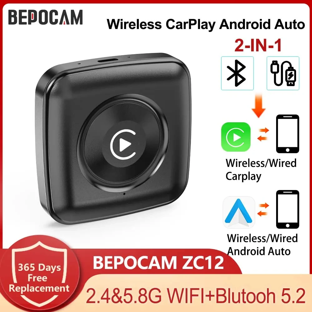 BEPOCAM ZC12 Wireless CarPlay Adapter Box for iPhone Plug and Play Compatible with iOS 10+ Wired CarPlay Android Auto Systems