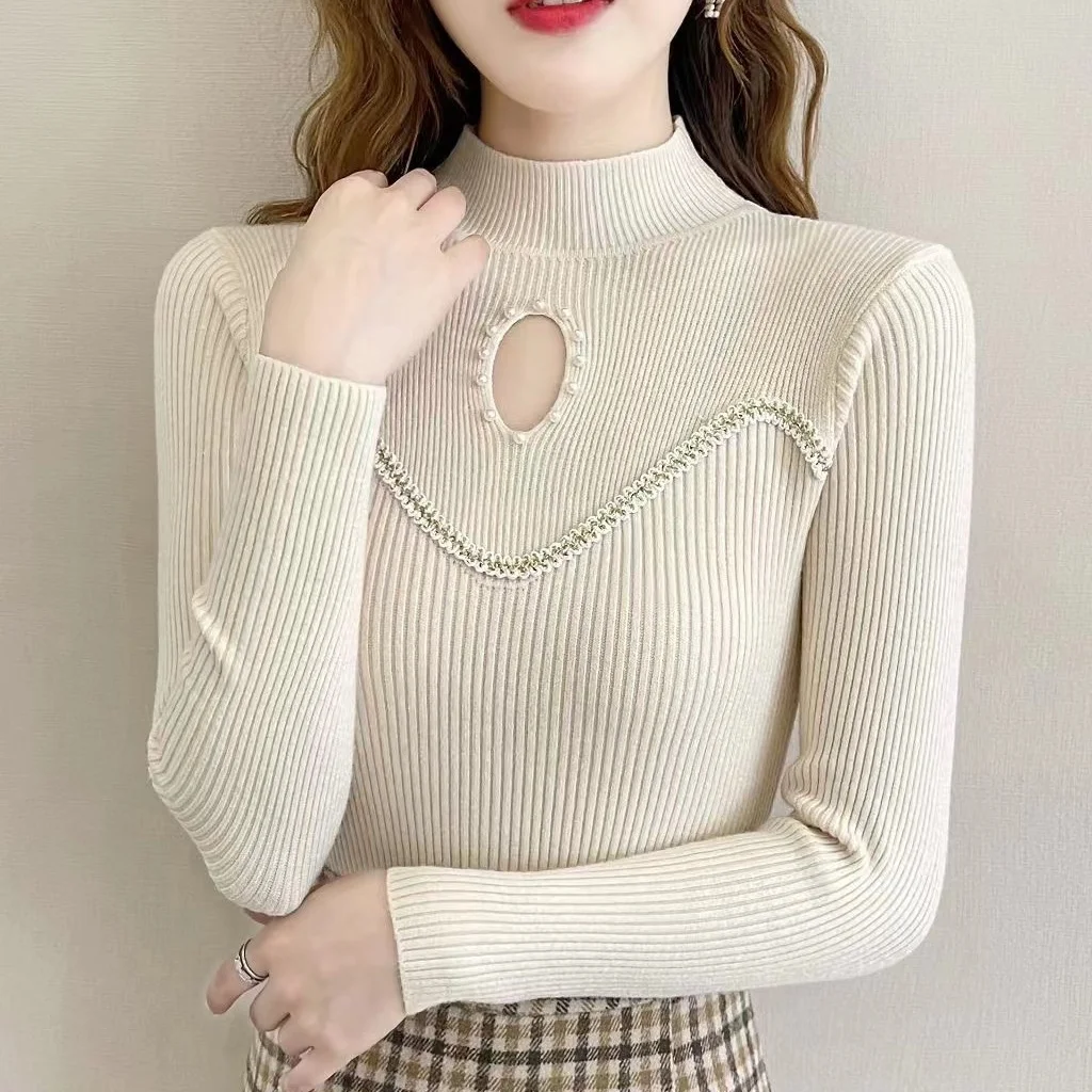 Sweaters Fashion Slim Half Height Collar Long Sleeve Autumn Winter Thin Pullovers Hollow Out Interior Lapping Women's Clothing