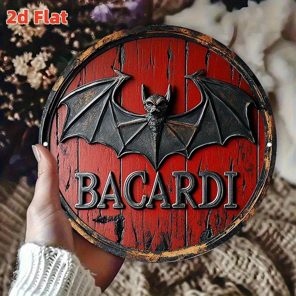 2D Flat, Bacardi Bat Logo Vintage Metallschild – authentisches kubanisches Geister-Dekor mit rotem Hintergrund – robustes Aluminium-Stabschild