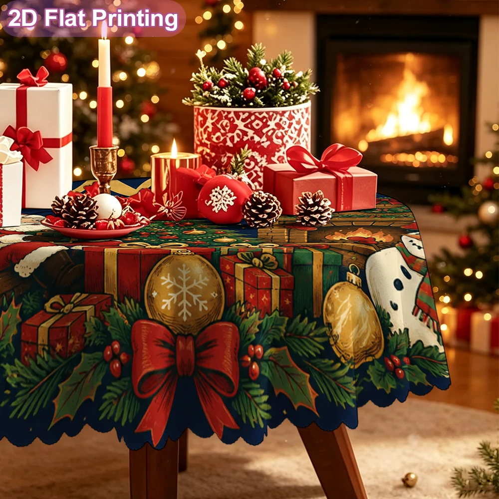 2D flat 1 piece round polyester tablecloth with Knoll Christmas scene and Santa snowman art design, tablecloth table decoration