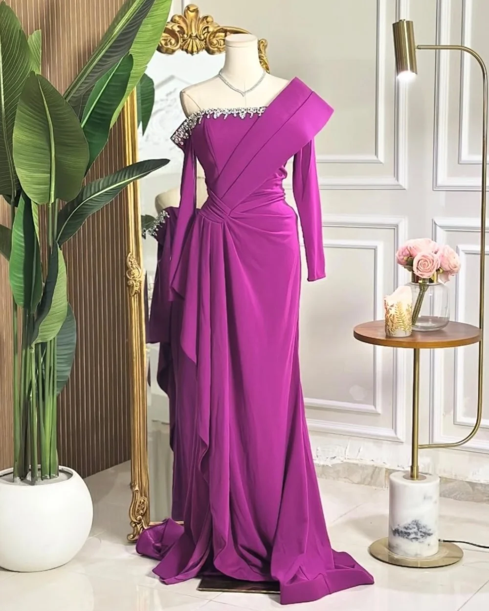 Customized Retro Women Jersey Rhinestone Ruched Straight Evening Dress Classic Off-the-shoulder Three Quarter Sleeve Party Gowns