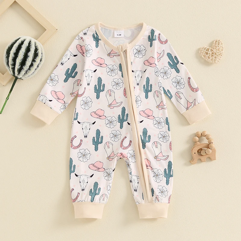 

SUNSIOM Baby Girls Autumn Casual Jumpsuit Long Sleeve Cattle Head/Cow/Cactus Print Oblique Zipper Romper