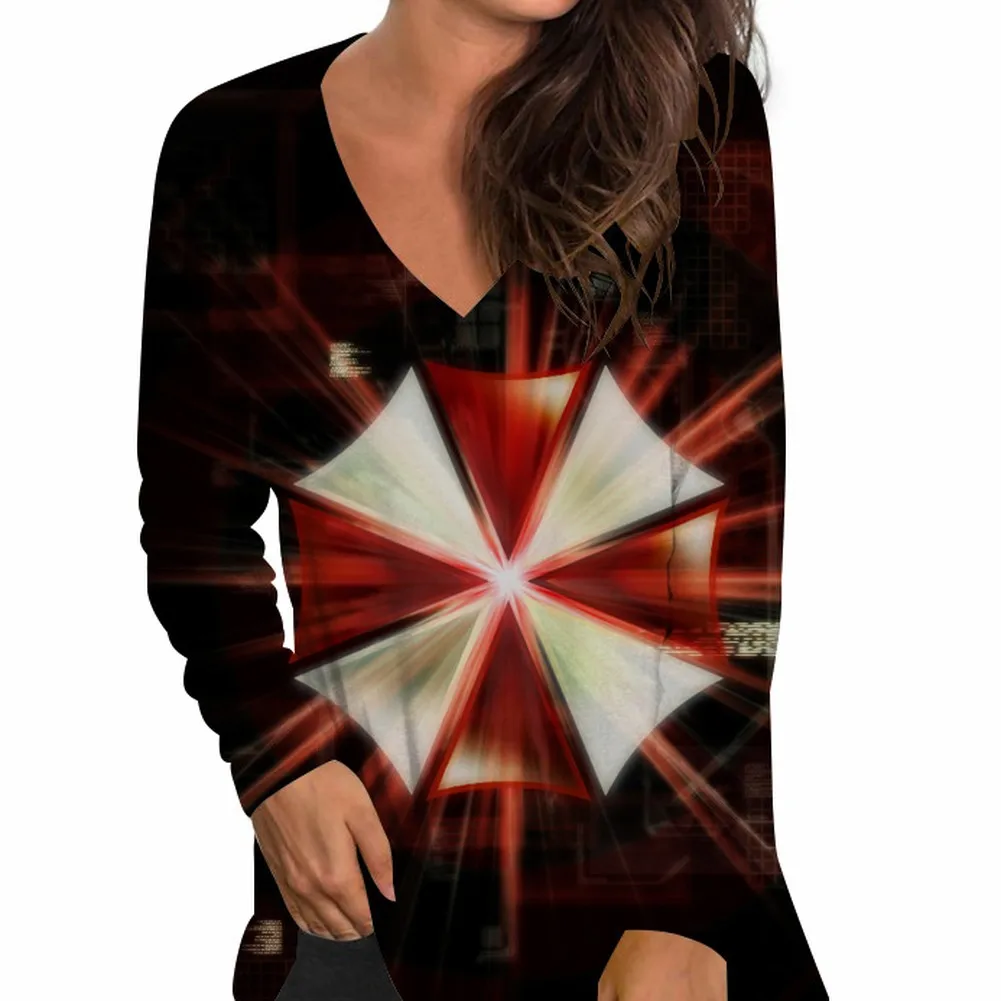 

Women's 3D Printed Casual V-Neck Pullovers Long Sleeve Loose Top T-shirts Korean Fashion Ladies Casual Top Tee Woman Clothes