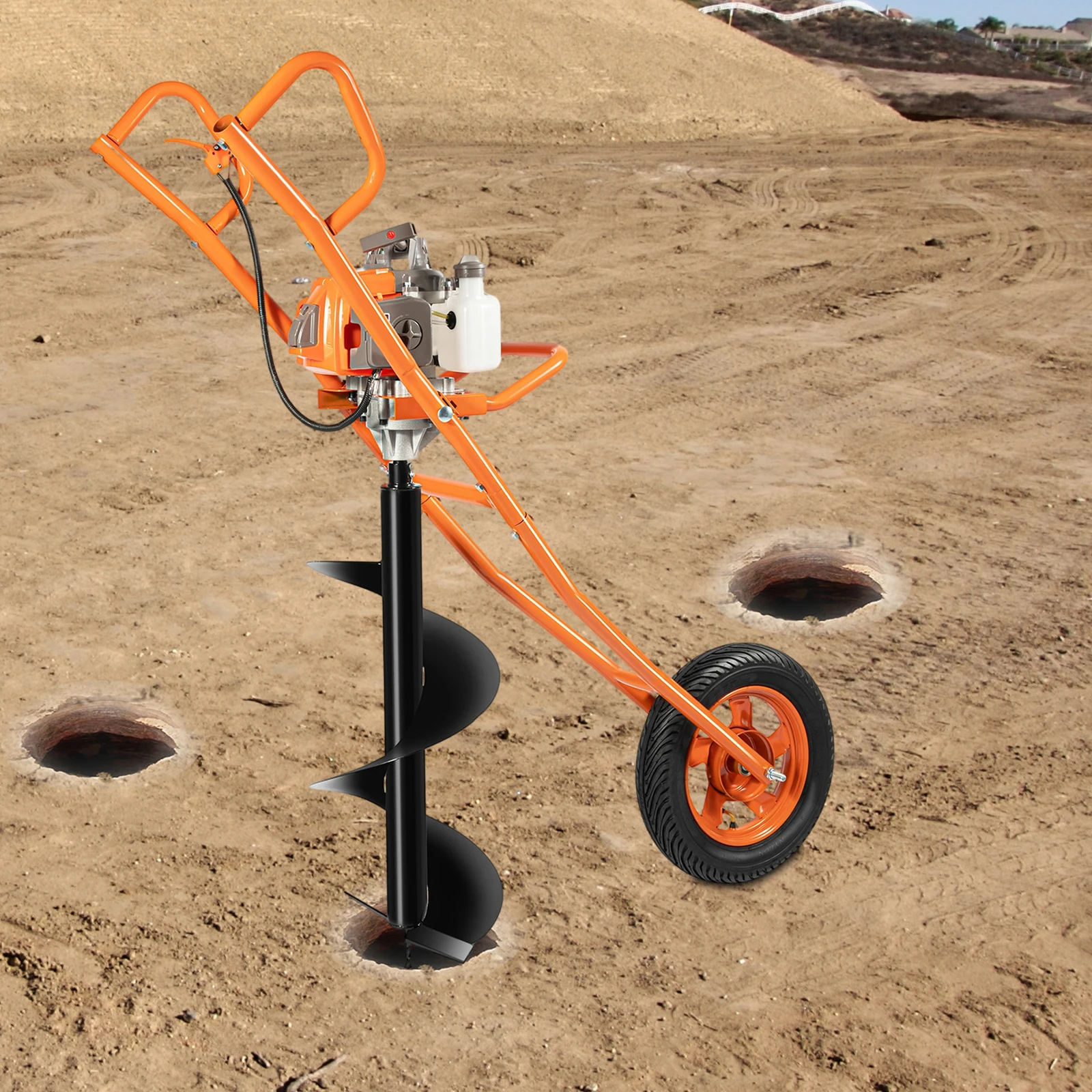 63CC Gas Post Hole Digger with Single Wheel Cart, 8800RPM Earth Drill with Drill Bit for Orchard and Construction