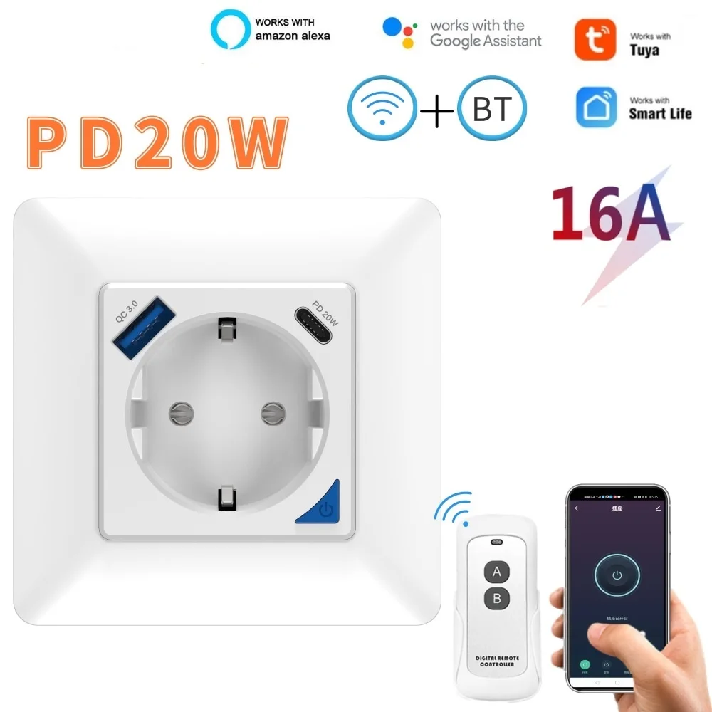 

Tuya Wi-Fi RF 86, умная розетка европейского стандарта, французское быстрое зарядное устройство Type-c, работает для голосового управления мобильным приложением Alexa