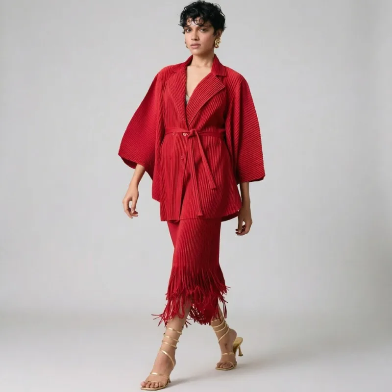 

Miyake Pleated Skirt Set European New Cardigan Waist-Tie Jacket Elastic Waist Tassel Skirt Elegant Luxurious Commuter Women's