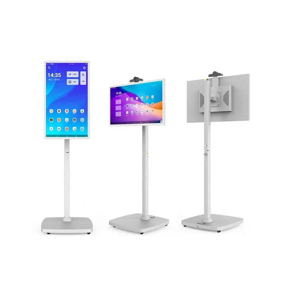 

Nice design floor stand free moving 21.5 inch 27 inch 32 inch touch screen totem with camera exhibition live video smart totem