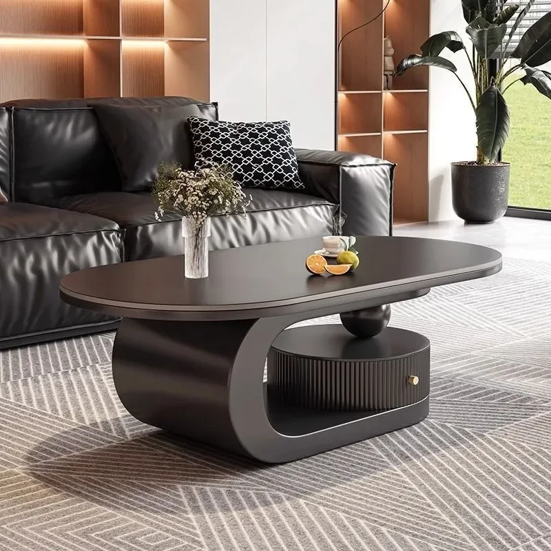 for Black Rock Slab Oval Coffee Table Italian Light Luxury Minimalist Style Living Room Household Small Apartment with Drawer