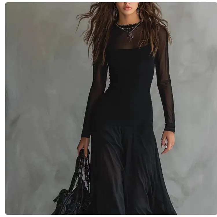 Sexy Elegant Mesh Splice Two-Piece Set Dress Casual Style A-Line Skirt Long Sleeve round Neck Independent Station Women's New...