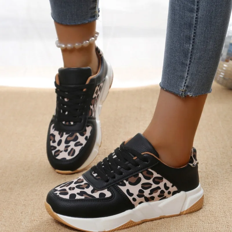 Women Platform Sneakers 2024 New Round Toe Low-top Leopard Wedge Shoes for Women Lace Up Casual Sneakers Zapatos De Mujer