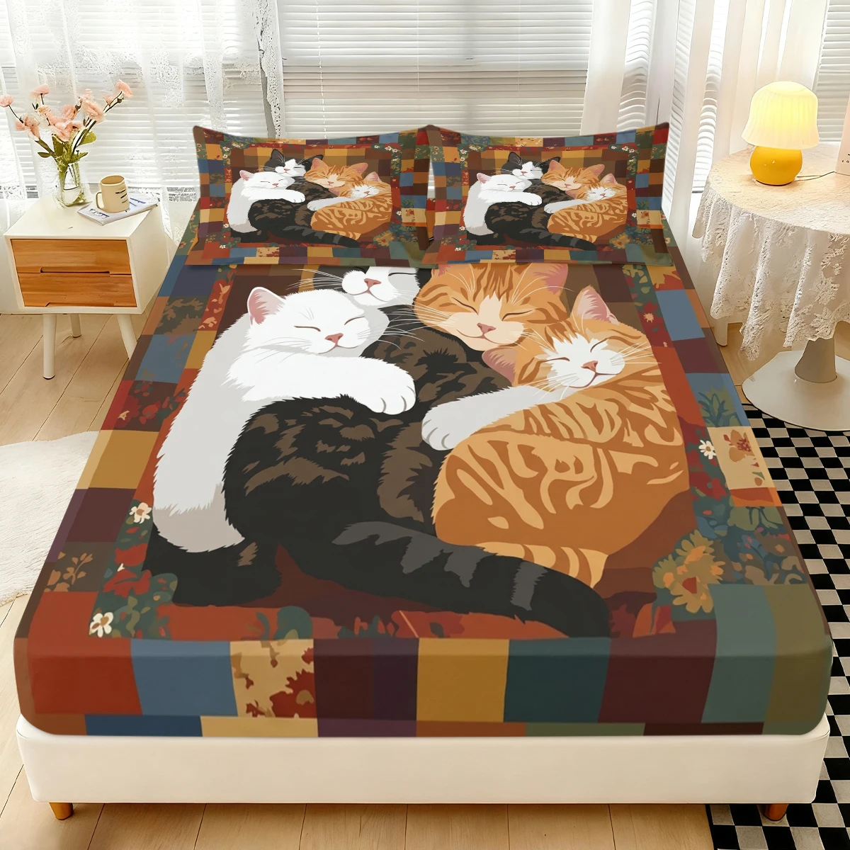 3PCS Patchwork Grid Sleeping Cat Fitted Sheet Set, Elastic Mattress Cover with Pillowcases, Cute Kitten Print Bedding Decor