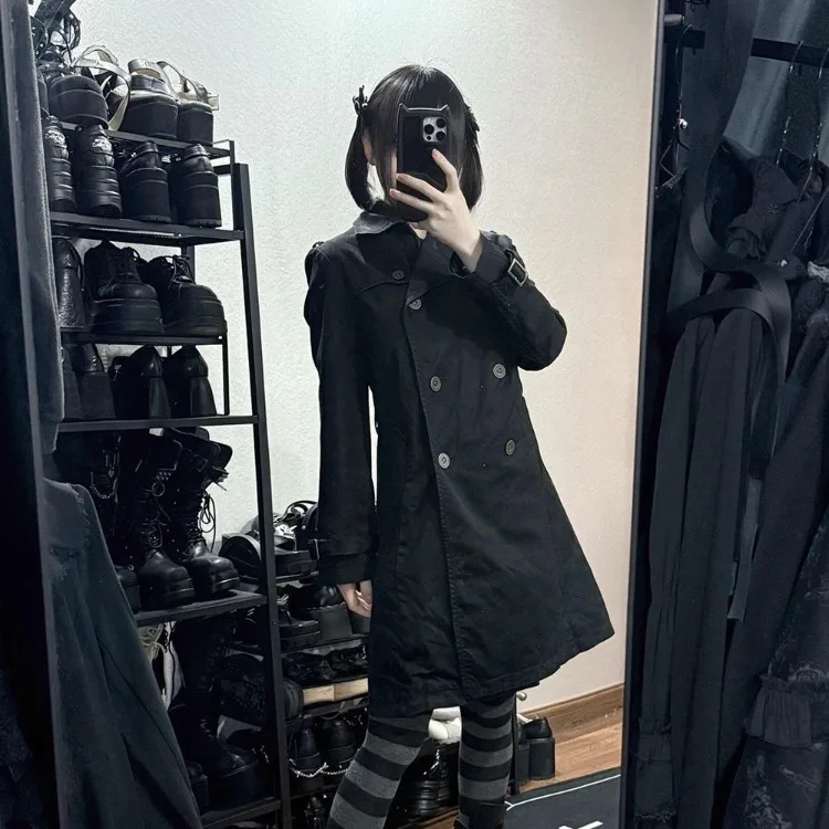 

Japanese Style Kawaii Y2k Women Vintage Elegant Casual Double Breasted Jackets Autumn New All-match Tops Black Trench Coat