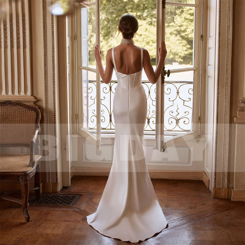 BIGDAY Pleat Mermaid Wedding Dress Spaghetti Straps Boat-Neck Split Open Back Sleeveless Bridal Gown Vestido De Noiva Customized