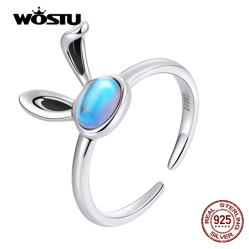 WOSTU 925 Sterling Sliver Moonstone Cute Rabbit Cat Open Rings For Women Female Original Jewelry CQR784