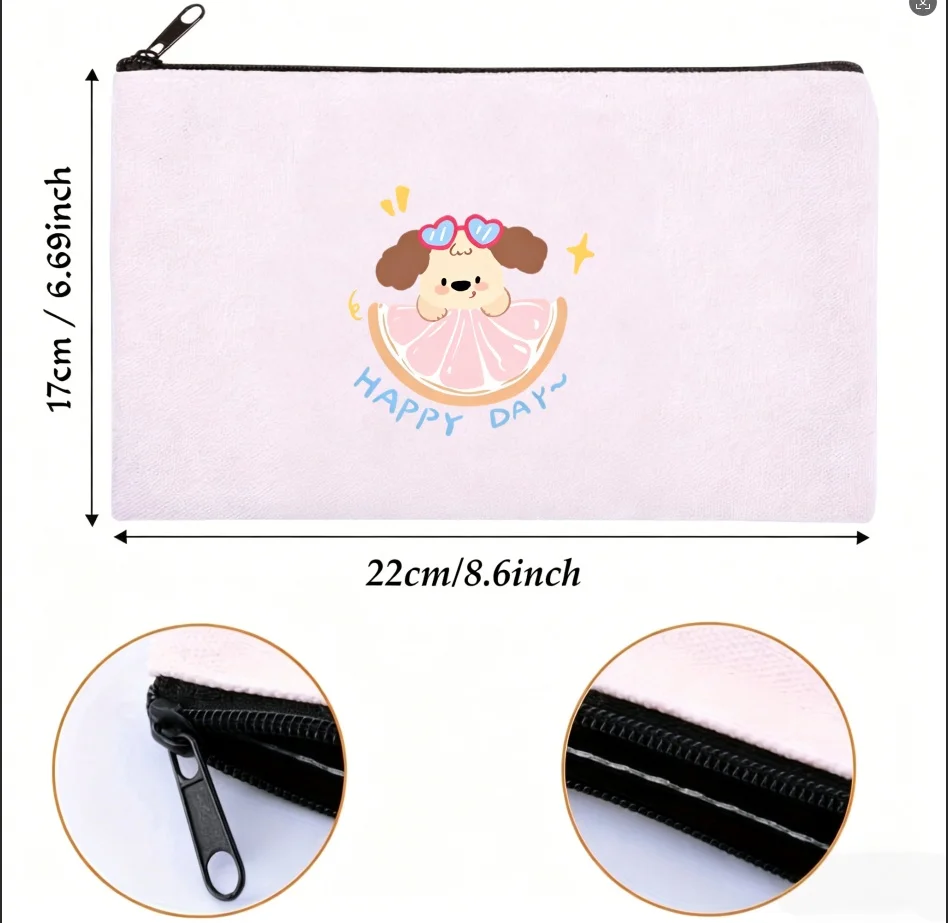 1PC Happy Day Cute Dog Grapefruit Slice Heart Sunglasses Print Canvas Cosmetic Bag Zipper Makeup Pouch Kawaii Cartoon Gift