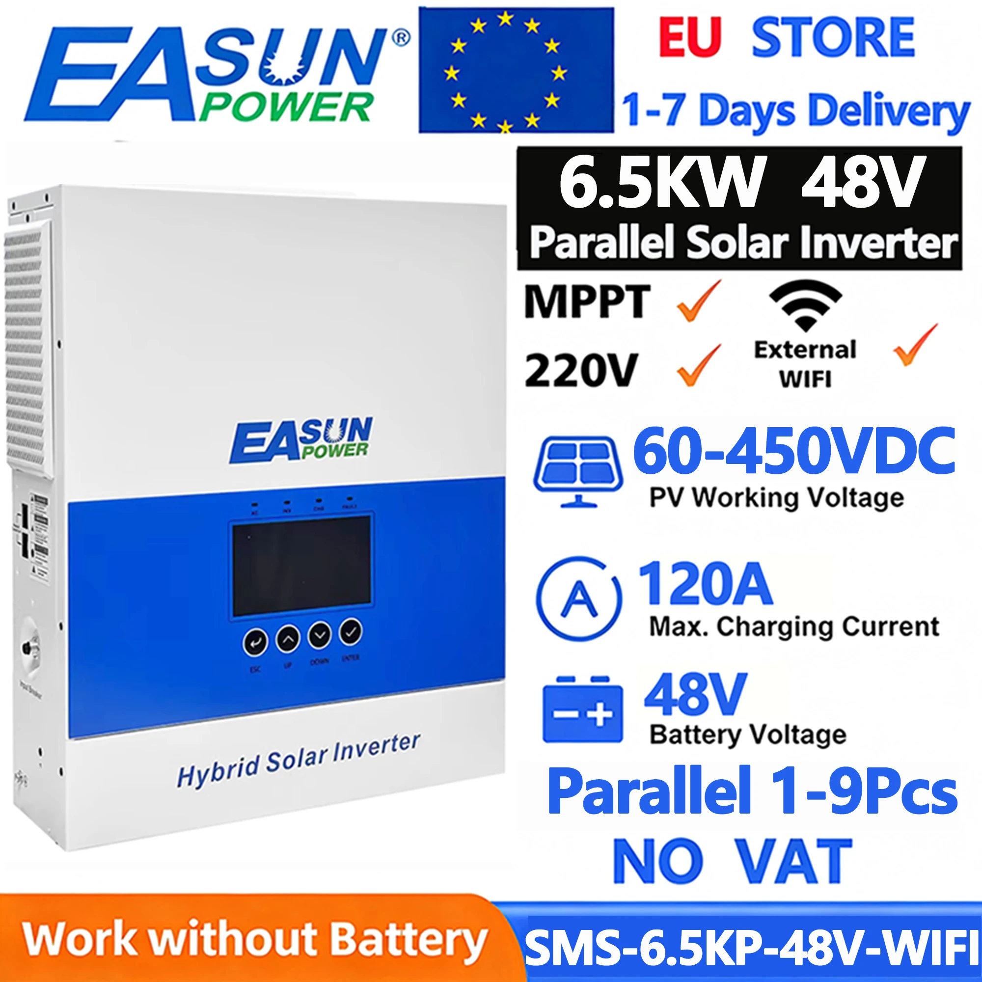 EASUN Onduleur Solaire Hybride 6.5KW 4KW 2KW 48V 24V 12V 230V 120A avec Chargeur MPPT, Onduleur Hors Réseau à Onde Sinusoïdale Pure avec WIFI, Stock UE